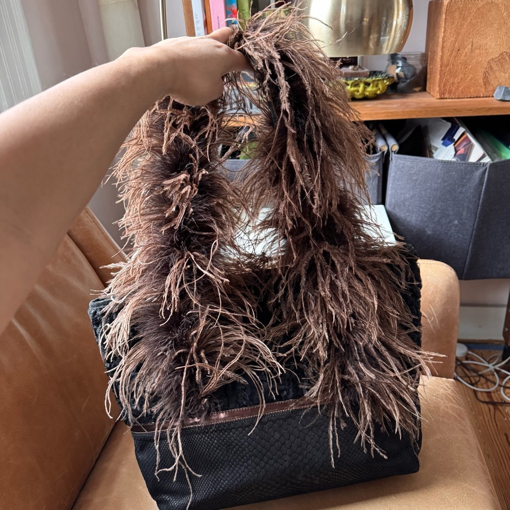 Ingrid Bruha leather fur feather leather suede black brown bag NYC Vintage - Picture 6 of 17